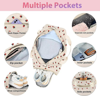 Kids Strawberry Duffle Bag for Girls and Woman with Shoe Compartments,Gymnastics Sports Bag for Kids Dance