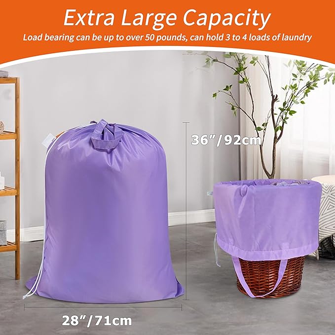 Polecasa Heavy Duty Large Laundry Bag with 130gsm Tear Resistant Fabric and Handles, Easy to Carry Durable Dirty Clothes Drawstring Bag, Perfect for College Dorm, Travel, 2 Pack 28”x36”,Purple