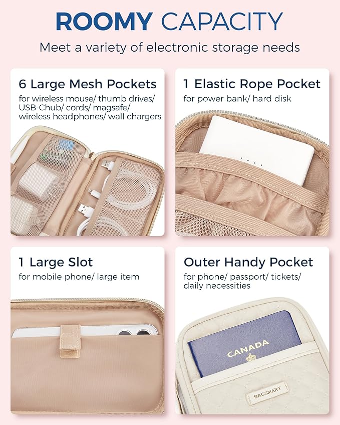 BAGSMART Electronic Cord Cable Organizer Travel Bag Case, Double Layers Tech Electronic Bag, Essentials for Charger, Cable, Phone, Flash drive, Beige