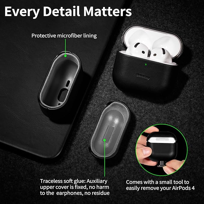 Belemay for AirPods 4 Case, Compatible with MagSafe, Luxury Full-Grain Vegetable-Tanned Smooth Leather, Unique Patina, Comfort Grip, Compatible with AirPods 4th Generation Case (2024) (USB-C), Black