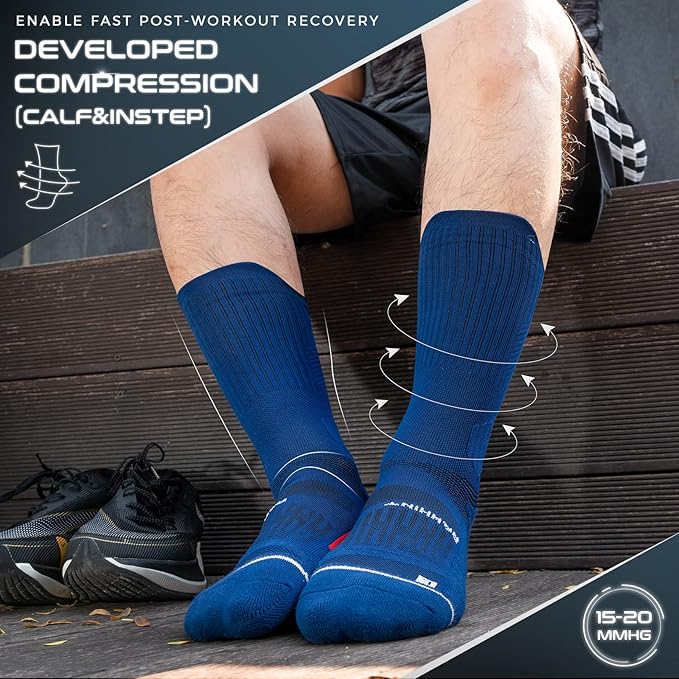 Compression Running Socks 3 Pairs, Cushion Crew Socks, Anti-Blister Moisture Wicking Athletic Hiking Basketball Socks