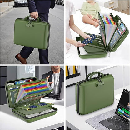 DocSafe Fireproof File Organizer with Lock, Hard-Shell Case Fireproof Document Box with 13 Pocket Accordion File Folder, Portable Home Office Travel Safe Storage for Important Documents Laptop Green