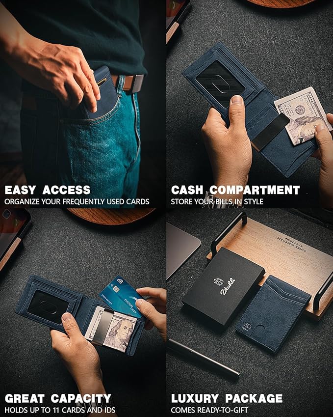 Zitahli Money Clip Wallets for Men,Slim Bifold Wallet 10-12 Cards, Mens Leather Wallet with ID Window,RFID Blocking Thin Minimalist Credit Card Holder,Gifts for Him