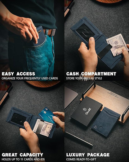 Zitahli Money Clip Wallets for Men,Slim Bifold Wallet 10-12 Cards, Mens Leather Wallet with ID Window,RFID Blocking Thin Minimalist Credit Card Holder,Gifts for Him