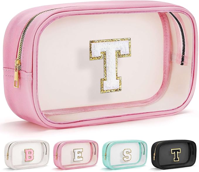YOOLIFE Travel Toiletry Bag for Women, Pink Clear Makeup Bag Cute Make Up Bag Cosmetic Bags Skin Care Makeup Bag Organizer Birthday Gifts for Women Teacher Mother Girlfriend Initial T