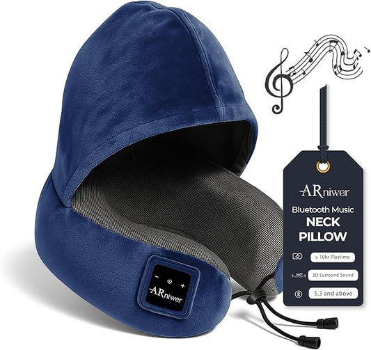 Bluetooth Music Semicircular Neck Pillow with Hood Wireless Bluetooth Speaker Suitable Airplane,Car,Office,and Outdoor Camping for Sleeping, Resting The Best Travel Essentials. (Navy Blue)