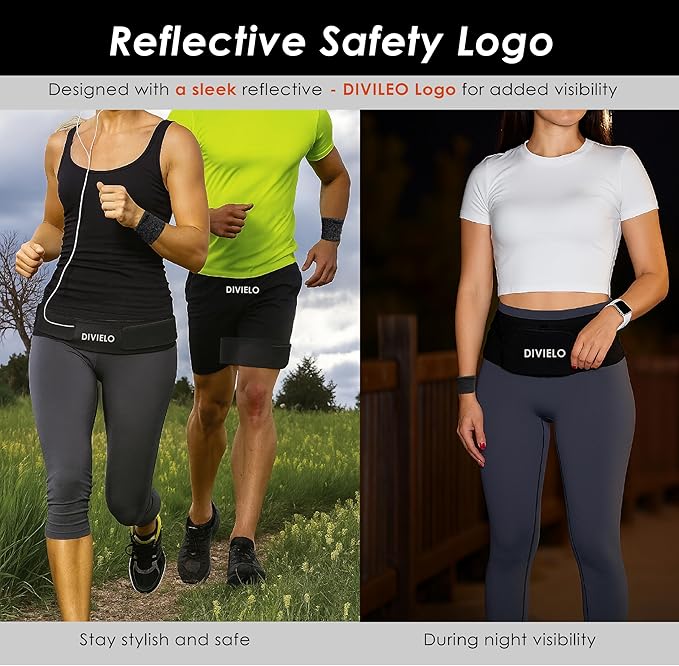 Reflective Running Belt Set – Sweat-Resistant Fanny Pack for Women & Men with Sweatband & Wristband – Phone Holder Waist Pouch for Gym, Travel, Marathon – S/M/L Sizes (Black, Small)