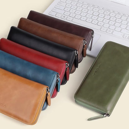 VISOUL Leather Long Zipper Pouch Wallet for Men and Women with RFID Blocking, Large Clutch Cash Long Wallet with Zipper (Coffee)