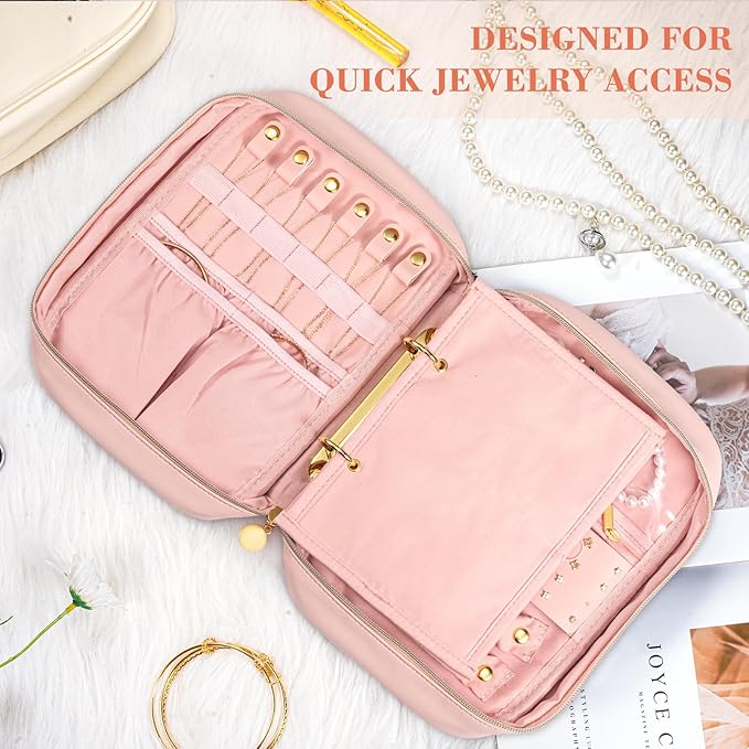 Leather Travel Jewelry Case Organizer,Jewelry Storage Book Binder with Clear Zipper Pouch & Lining-Portable Jewelry Bag for Earrings,Rings,Necklaces,Bracelets (Pink)