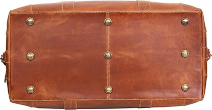 24 Inch Genuine Buffalo Leather Travel Duffle Bag, Overnight Weekend Leather Bag Sports Gym Duffel for Men, Airplane Under Seat Carry on Bags (Tan)