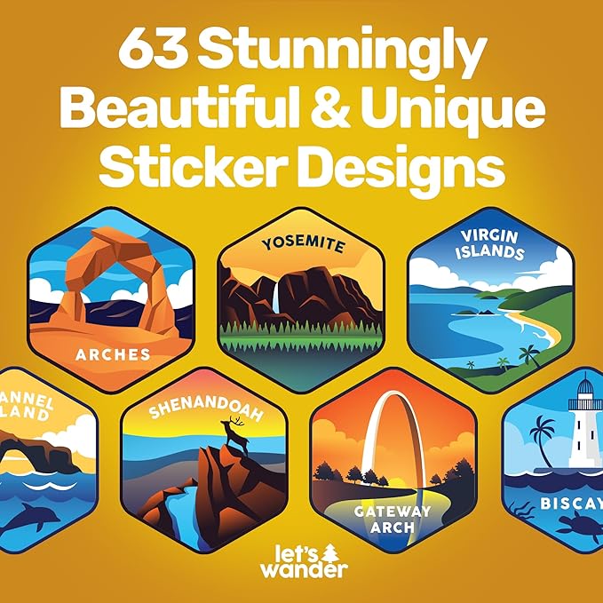 LET'S WANDER Original National Parks Water Bottle with 63 Waterproof Stickers - 32oz Leakproof Insulated Stainless Steel with Straw - USA Hiker Gift Bottle (Blue)