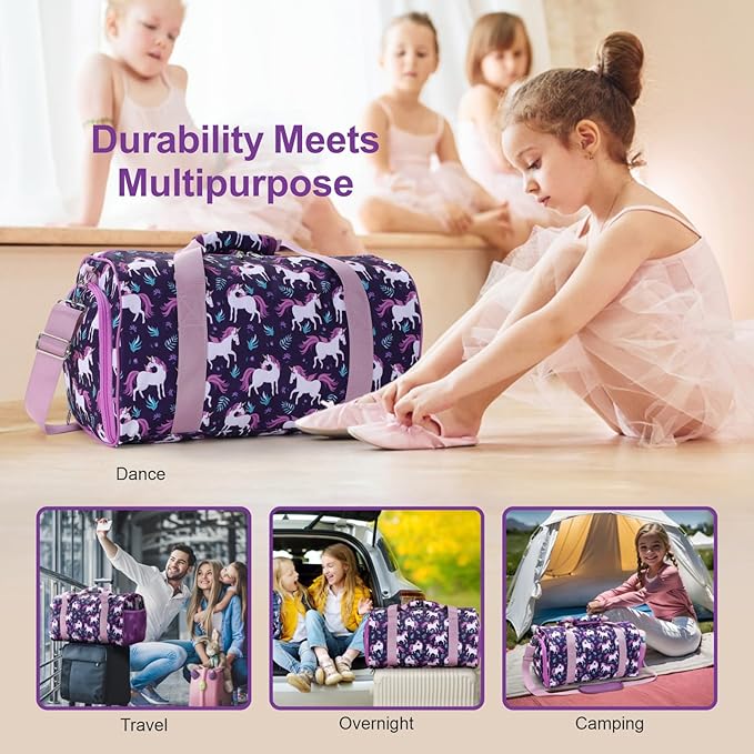 Bagseri Dance Bag for Girls - Ballet Bag for Girls with Shoes Compartment Kids Duffle Bag for Overnight Travel Sleepover with Dry Wet Separation Pockets (Deep Purple Unicorn)