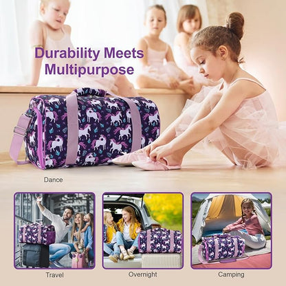 Bagseri Dance Bag for Girls - Ballet Bag for Girls with Shoes Compartment Kids Duffle Bag for Overnight Travel Sleepover with Dry Wet Separation Pockets (Deep Purple Unicorn)