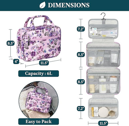 PAVILIA Hanging Toiletry Bag Travel Bag Women Men, Foldable Cosmetic Organizer, Roll up Makeup Bag, Water Resistant Accessories Toiletries, Large Travel Essentials Kit (Purple Floral)
