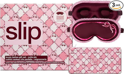 slip Lovely Lashes Gift Set – Cutie Pie Edition – Crimson Pure Silk Contour Sleep Mask with Lace Trim & Complimentary Travel Case – Lash-Friendly, Light-Blocking Eye Mask