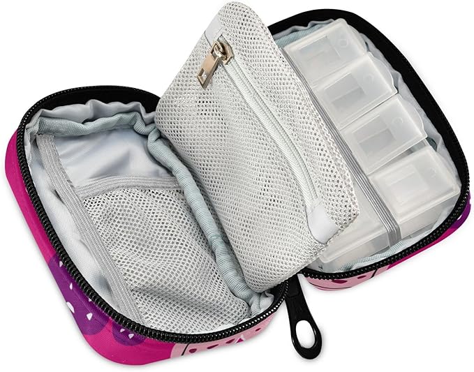 Hot Pink Doodle Hearts Stars Travel Pill Organizer Case Box Container Weekly Portable Vitamin Medicine Holder Storage Bag with Zipper Removable