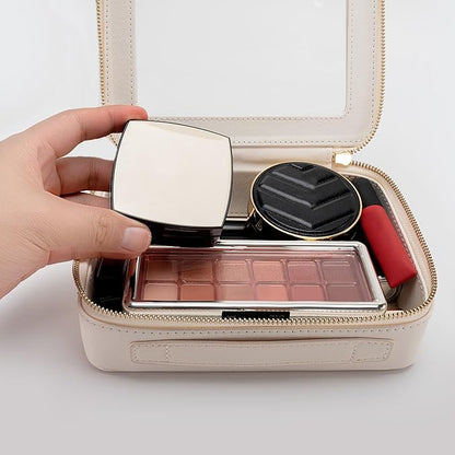 Aveniee Clear Makeup Bag Organizer Set,Portable Travel Toiletry Case for Women, Vegan Leather Cosmetic Pouch Car Bag for Essentials 2pcs,Middle & Large,Beige