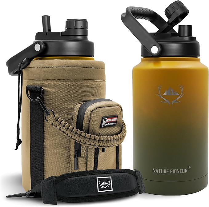 NATURE PIONEOR One Gallon Water Bottle Insulated - Large Double Vacuum Stainless Steel 128 oz Water Bottle with Holder/Carrier, 1 Gallon Water Jug,128oz, Wide Mouth
