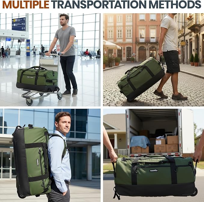 Fanwoli 30'' Rolling Duffel Bag with Wheels - No-Sag Design for Heavy Loads, 100L Waterproof Foldable Luggage w/Hidden Backpack Straps & Waist Support Compartment, Lightweight Travel & Gym