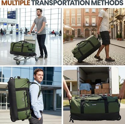 Fanwoli 30'' Rolling Duffel Bag with Wheels - No-Sag Design for Heavy Loads, 100L Waterproof Foldable Luggage w/Hidden Backpack Straps & Waist Support Compartment, Lightweight Travel & Gym