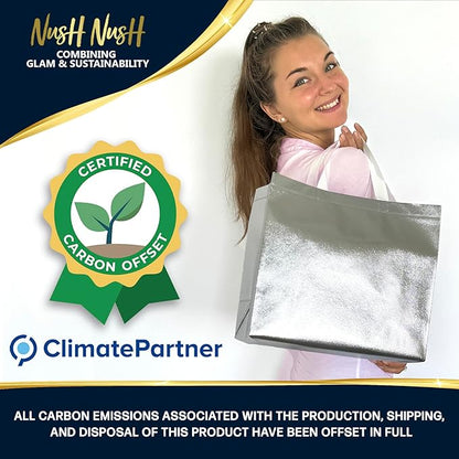 Nush Nush Silver Gift Bags Large Size – Set of 60 Reusable Silver Gift Bags With Handles- Metallic Party Favors Bags In Bulk For Small Business Use In Gifting Events, Christmas, Birthdays - 13Wx5Dx11H