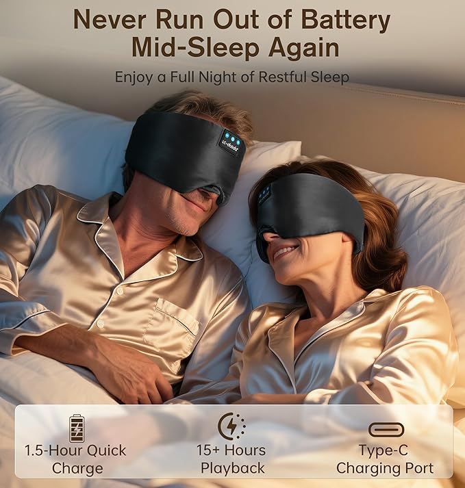 LC-dolida Luxurious Silk Soft Sleep Mask, Sleep Headphones with Bluetooth 5.4 for Side Sleeper, Total Blackout Eye Sleeping Mask for Women and Men, Ideal Gift for Restful Sleep, Travel(Black)