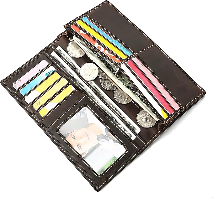 Leather Phone Wallet for Men RFID Blocking Long Wallet Genuine Crazy Horse Leather Coffee Brown Wallet with Card Slots ID Window Zipper Coin Pocket Cash Holder Travel Wallet