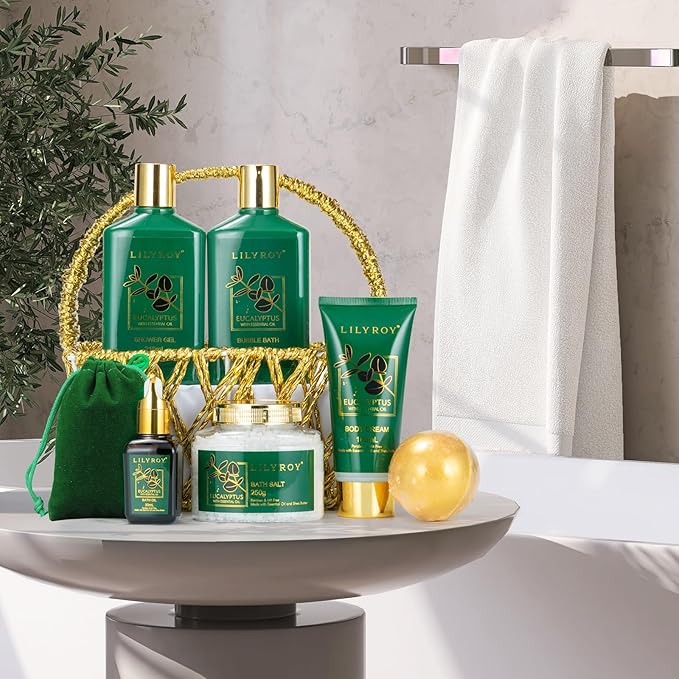 Spa Gift Basket for Christmas Gifts - 9 Pieces Premium Eucalyptus Bath & Body Care Kit for Women & Men, Holiday Gift for Mothers Day, Valentine's Day, Father's Day, Birthday with Shower Gel & More