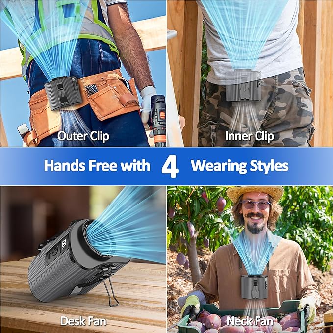 Portable Mini Waist Fan, Personal Waist Clip Fan With Max 20H Working Time, 5 Speeds 11000RPM Strong Airflow, Rechargeable Hands-free Wearable Belt Fan for Outdoor Jobsite Camping Traveling Fishing
