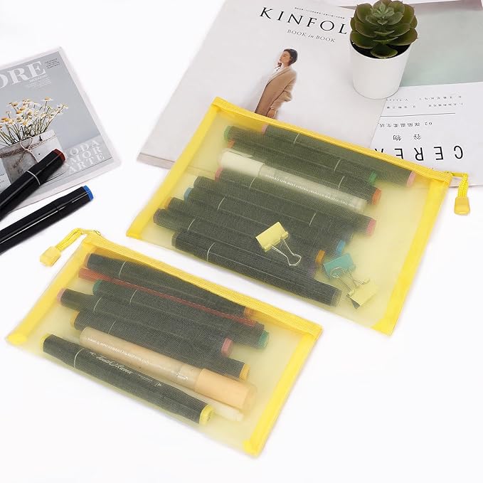 12 Pieces Zipper Nylon Mesh Pouch, Mesh Cosmetic Bags Makeup Bags Pencil Case, Multipurpose Travel Bags for Cosmetic School Office Supplies and Travel Accessories (Yellow, A5+B6)