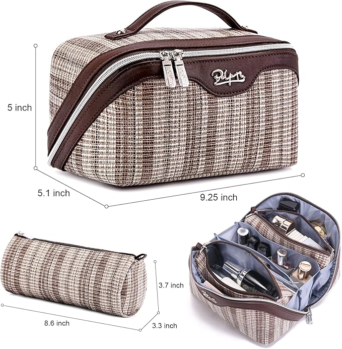 BOYATU Travel Makeup Bag for Women: Large Capacity Open Flat Make up Bag Set of 3 - Vegan Leather Cosmetic Bag with Compartments - Waterproof Toiletry Bag with Handle & Divider(I-5-Brown)