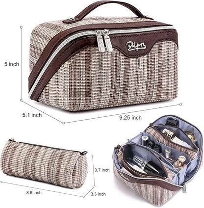 BOYATU Travel Makeup Bag for Women: Large Capacity Open Flat Make up Bag Set of 3 - Vegan Leather Cosmetic Bag with Compartments - Waterproof Toiletry Bag with Handle & Divider(I-5-Brown)