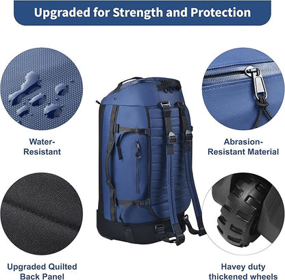 86L Foldable Rolling Duffel Backpack with Wheels - Extra Large Waterproof Travel Bag with Shoe Compartment, Heavy Duty Convertible Luggage for Outdoor, Sports, Airplane Trips
