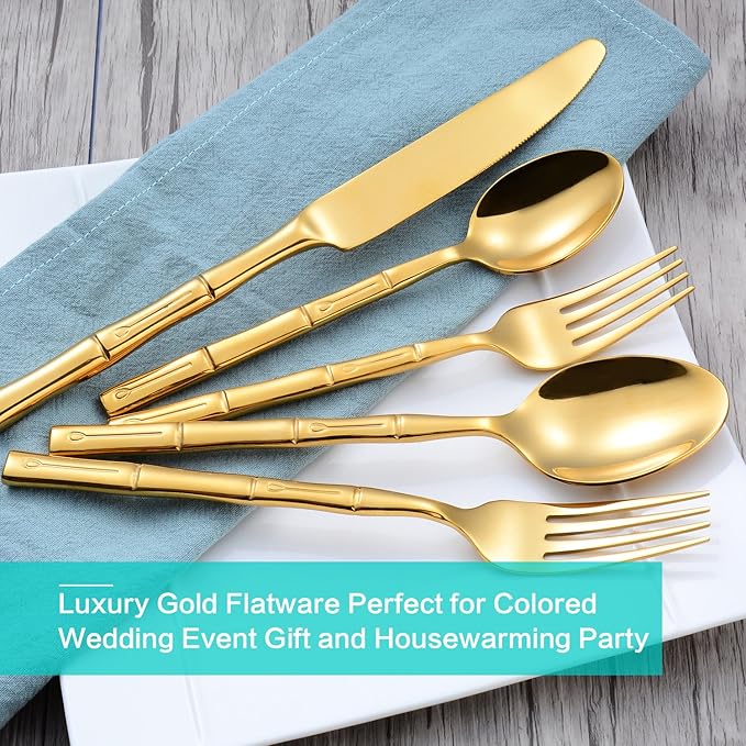 Flatware Set Gold Silverware Set with Bamboo Pattern Mirror Polished 20 Pieces Cutlery Set Housewarming Wedding Gift Service for 4