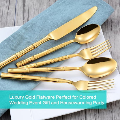 Flatware Set Stainless Steel Gold Silverware Set Cutlery Set Bamboo Pattern Mirror Finished 30 Pieces Home Event Use Wedding Housewarming Gift Service for 6