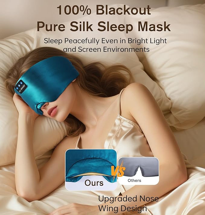 LC-dolida Luxurious Silk Soft Sleep Mask, Sleep Headphones with Bluetooth 5.4 for Side Sleeper, Total Blackout Eye Sleeping Mask for Women and Men, Ideal Gift for Restful Sleep, Travel(Dark Green)
