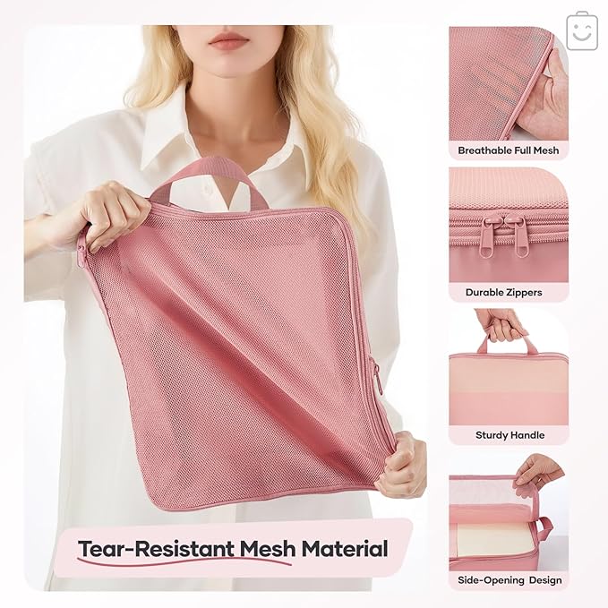 Veken 9/11 Set Compression Packing Cubes for Travel Essentials,Compressible Expandable Large Luggage Suitcase Organizer Bags for Clothing,Durable Space Saver Storage Bags with Toiletry Bags(Pink)