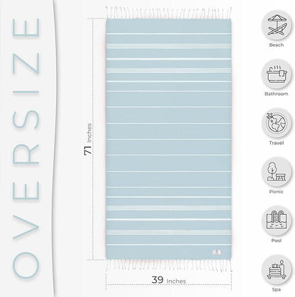 Turkish Beach Towel Quick Dry & Absorbent Oversized (39" x 71") - Compact, Versatile and Functional as Travel Blanket, Bathroom, Shower, Gym and Pool Towels, Yoga, Bath Mat - Baby Blue