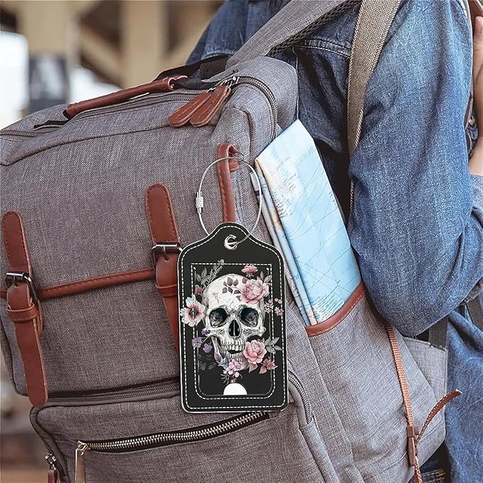 Funny PU Leather Luggage Tags 2-Pack Suitable for Suitcase Stainless Steel Loop and Address Card Essential with Cruise and Airport Travel White Skull Pink Rose Cute Pattern