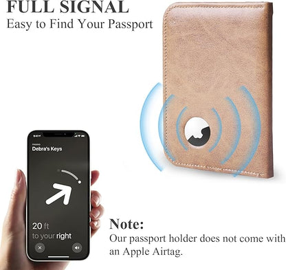 QIELIZI Passport Holder with Airtag Slot, Airtag Passport Wallet for Men Women, Slim Leather Passport Holder Case Family for Travel Anti-Lost(1-Yellow Grey)
