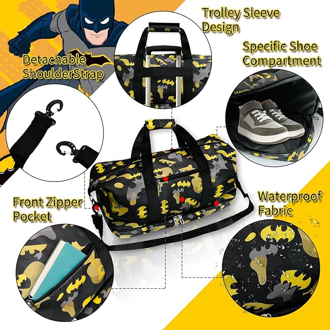 BATMAN Durable Travel Duffel Bag with Bold Yellow and Black Camouflage Pattern, Spacious Interior for All Essentials, Adjustable Shoulder Strap, Reinforced Handles,Stylish Design for Every Traveler