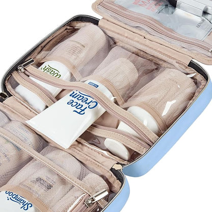 NISHEL Travel Toiletry Bag for women, Portable Hanging Organizer for Travel-Sized Shampoo, Conditioner, Brushes Set, Makeup Accessories, Medium Size, Placid-Blue