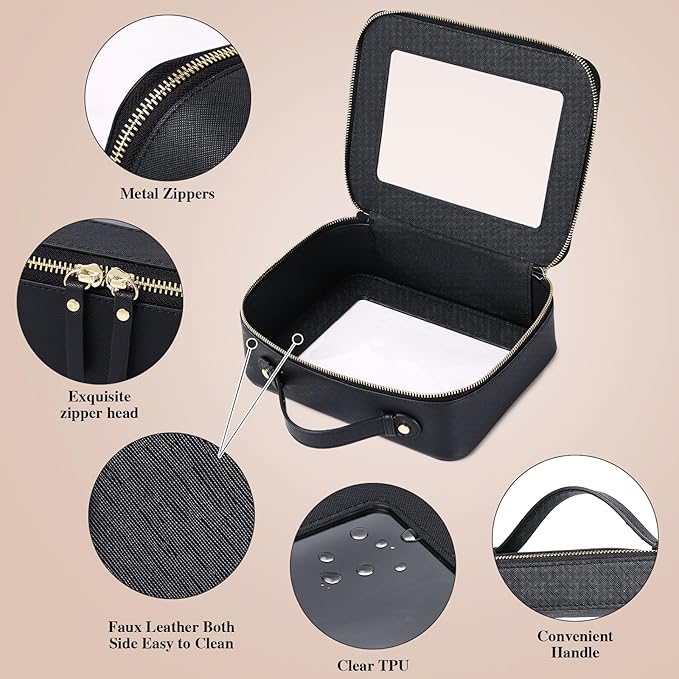 Pinkmik Clear Makeup Bag with Brush Bag 2pcs Waterproof Travel Case for Cosmetics and Toiletries Women's Cosmetic Organizer with Zipper (Black, L+SLIM)