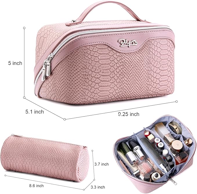 BOYATU Travel Makeup Bags for Women: 3 Pcs Set Wide Open Cosmetic Bag - Portable Make up Bags with Handle - Vegan Leather Toiletry Organizer Bag with Divider (G-02-Pink)