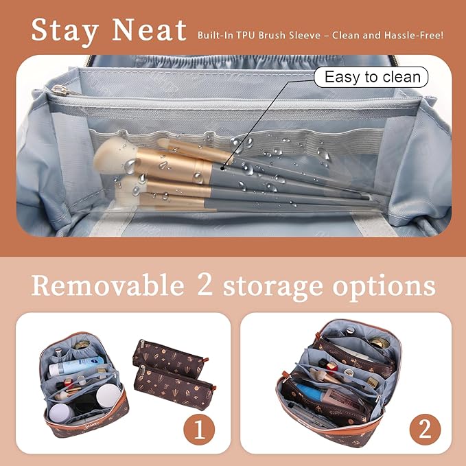 BOYATU Travel Makeup Bag Cosmetic Bags for Women: 3 Pcs Set Portable Make up Bag with Handle - Vegan Leather Toiletry Bags with Compartments - Makeup Organizer for Travel Essentials(L-1-Brown)