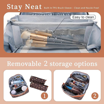 BOYATU Travel Makeup Bag Cosmetic Bags for Women: 3 Pcs Set Portable Make up Bag with Handle - Vegan Leather Toiletry Bags with Compartments - Makeup Organizer for Travel Essentials(L-1-Brown)