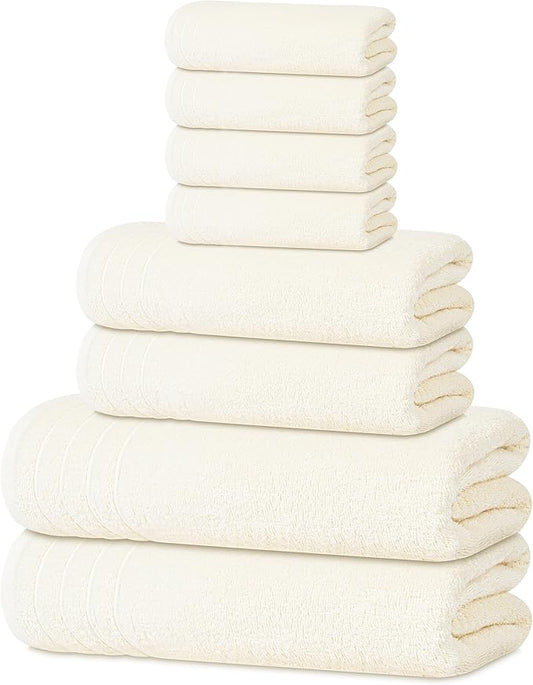Tens Towels Pack of 8 Towels Set, 2 Extra Large Bath, 2 Hand, 4 Washcloths, 100% Cotton, Lighter Weight, Quicker to Dry, Super Absorbent, Perfect for Bathroom, Cream