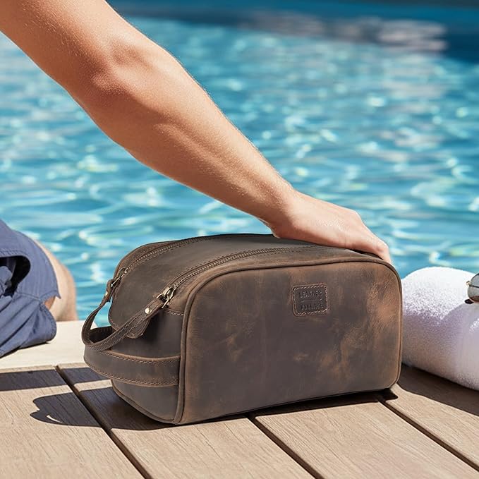 LEATHER VILLAGE Premium Leather Toiletry Travel Pouch With Waterproof Lining - Brown | King-Size Handcrafted Vintage Dopp Kit Bag, Shaving & Bathroom Organizer, Gift for Men & Women