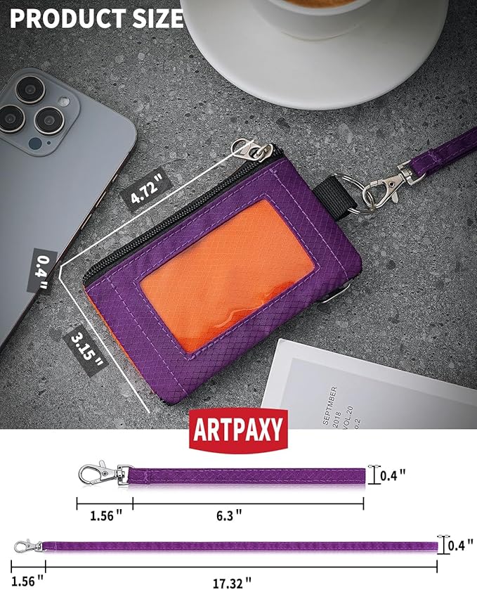 Minimalist Wallet For Mens Womens, Keychain RFID Blocking Zipper Small Wallet with ID Window 2 Lanyards,Water Resistant Travel Cash Card Coin Case Boys Girls