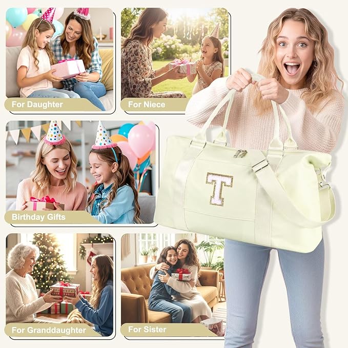 Dance Gym Duffel Bag for Teen Girls, Personalized Initial Travel Weekender Bag,Cute Overnight Carry On Duffle for Women,Sports Travel Cheer Bag,Monogram Christmas Gifts for Tween Preppy(beige-T)